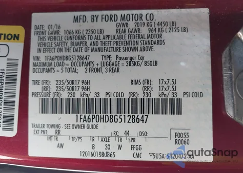 2016 Ford Fusion Se из США, поврежденный, VIN 1FA6P0HD8G5128647